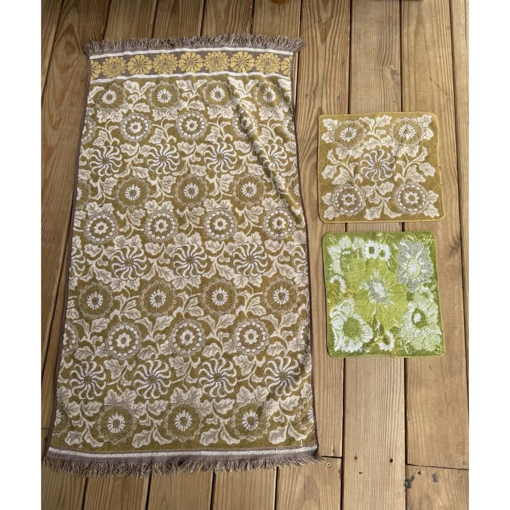 VTG MCM Callaway Milliken Towel Avocado Fringe Gold Daisy Floral & 2 Washcloths